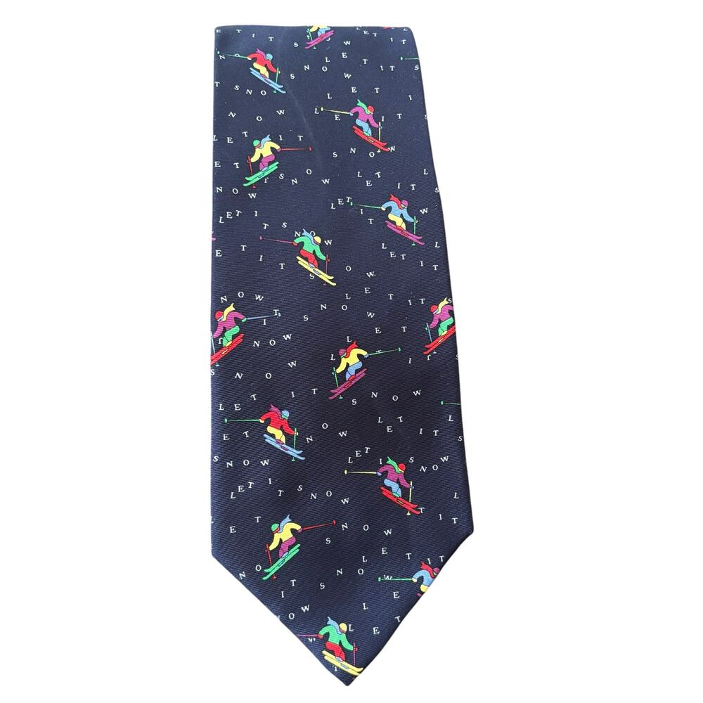 Alynn Neckwear Let it Snow Blue Neck Tie 100% Silk Skiing Theme